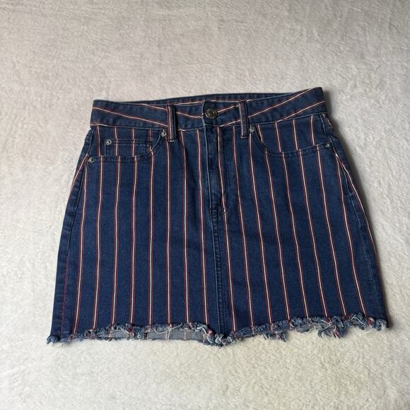 American Eagle Skirt Women 6 High Rise Mini Denim Jean Striped Cut Off Stretch - Picture 1 of 4